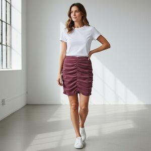 ZARA Burgundy Corduroy Ruched Draped Mini Skirt Bodycon Sz Large Fitted Sexy